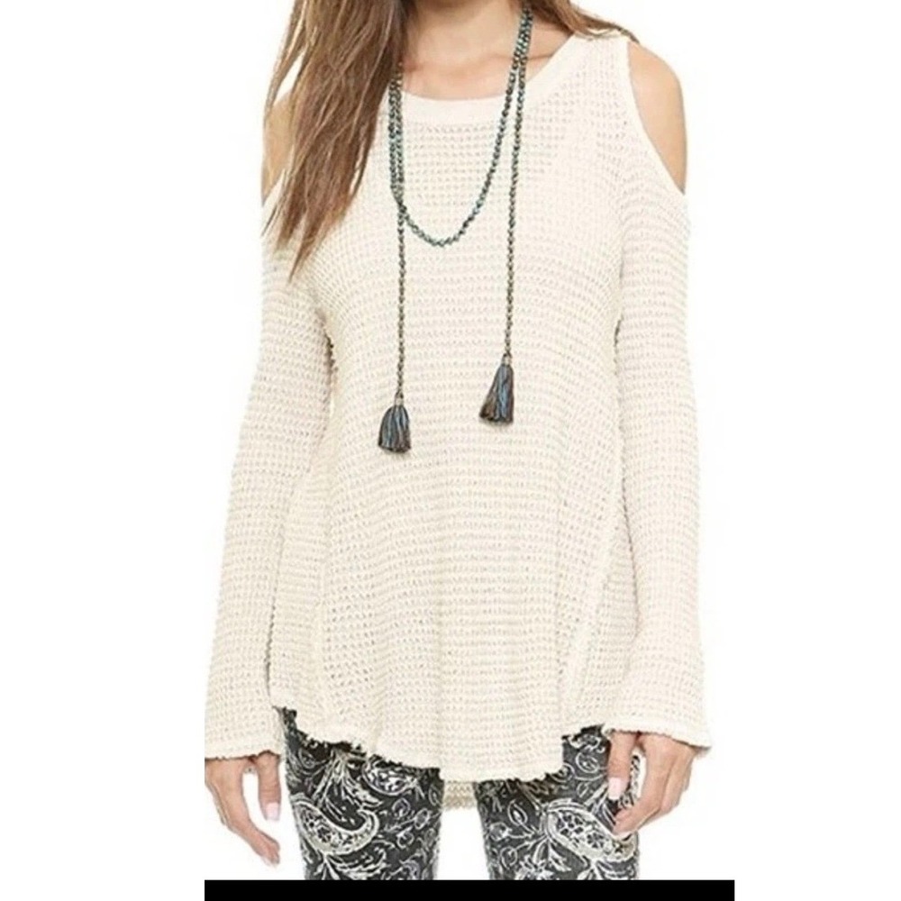Free People Oatmeal Waffle Knit Cold Shoulder Sweater Small Cotton Boho Tunic